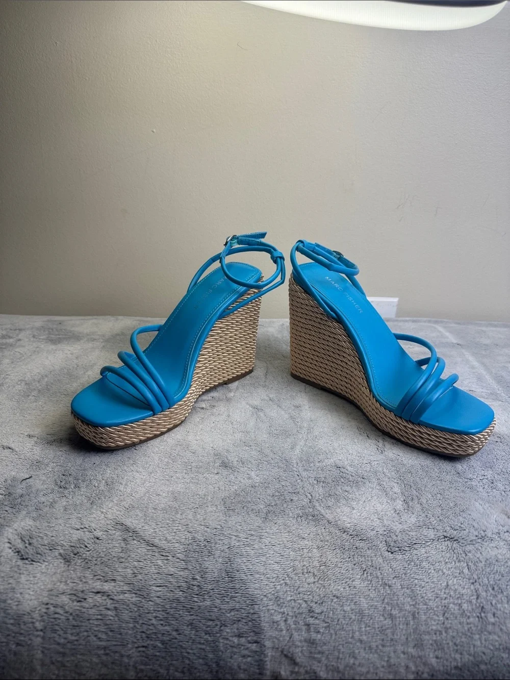 Marc Fisher Blue Leather Ankle Strap Espadrille Wedge Heel Sandal - Size 7 NWOB